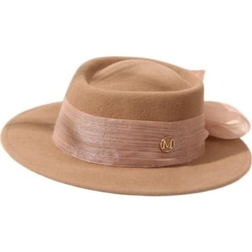 French camel woolen hat womens ribbon flat-top wide-brimmed fedora hat ladies bow-knot top hat Panama hat
