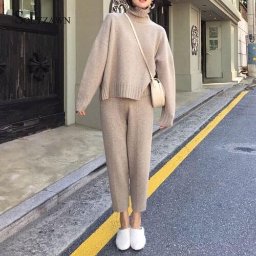 Autumn Winter Knitted Tracksuit Turtleneck Sweatshirts Casual Suit Women Clothing 2 Piece Set Knit Pant Sporting Suit Female