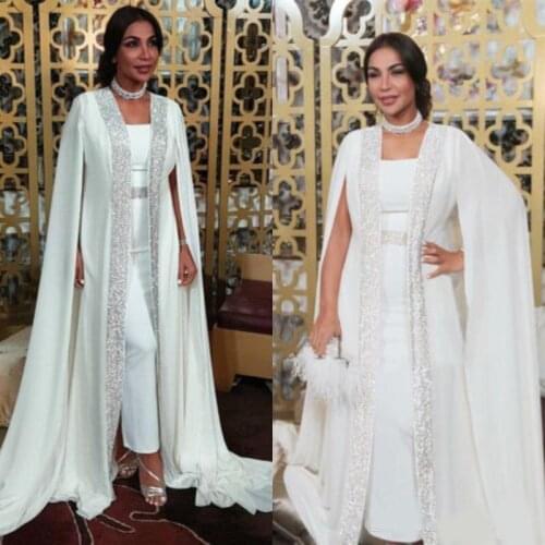 Muslim Evening Dresses White Sequins moroccan Kaftan Chiffon Cape Prom Special Occasion Gowns Arabic Long Sleeve Dress Evening
