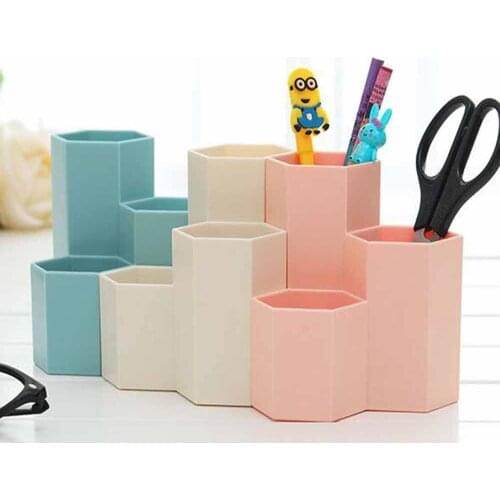 Creative Hexagon Pen Container 3 Grid Multipurpose Plastic Pencil Holder Organizer Office Students Supplies Desk Accessories
