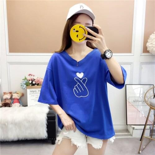 Pure Cotton Blue Embroidered Short Sleeve T-shirt Korean Version Loose New Plus Size Womens Half Sleeve Top T-shirt