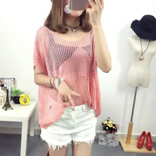 Summer Acrylic Womens Sweater Round Collar Short Sleeve Pullover Hollow Out Knitted Solid Thin Fashion Office Lady Sweater