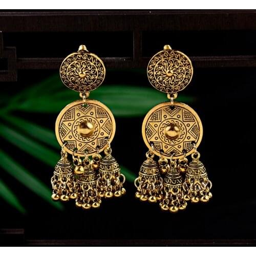 2019 Classic Womens Indian Earrings Ethnic Carved Gold Round Flower Jhumka Drop Earrings Bells Tassel Tibetan Jewelry Ladies