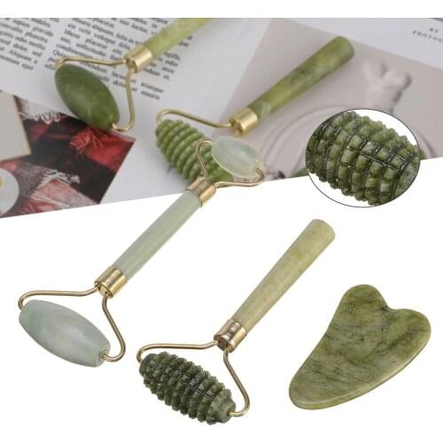3pcs Natural Jade Face Massager Massage Roller Guasha Board Facial Jade Stone Scraper Set Face Slim Reduce Puffiness Wrinkle