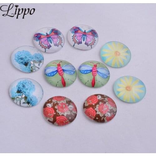 30pcs Mixed Dragonfly and butterfly Round Glass Cabochons Rose Flower Cabochon 14mm 20mm 25mm DIY jwelry findings