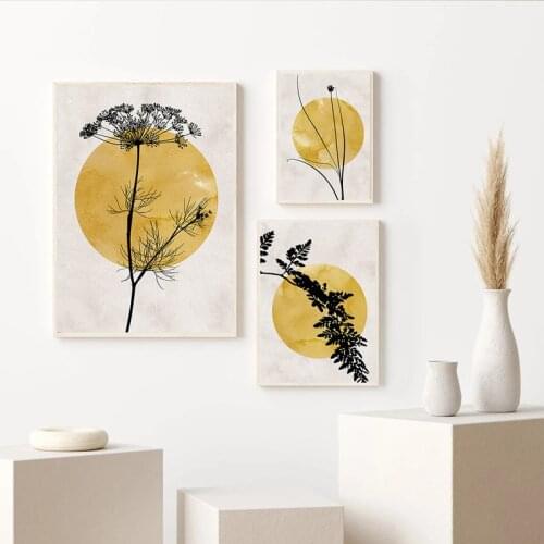 Golden Sun Abstract Plant Silhouette Canvas Painting Wall Art Prints and Posters Modern Picture Minimalist Artwork Gallery Decor