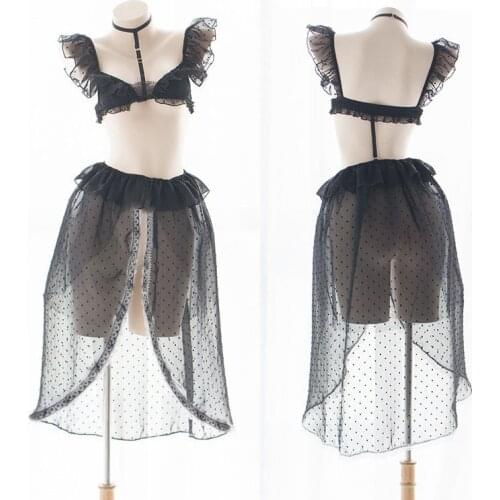 Lolita Cute Ruffle Sleepwear Bra & Panties Sexy Lingerie Women Summer Sheer Gauze Temptation Bride Honeymoon Nightgown Cosplay