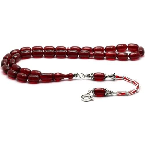 Rosary with 925 Sterling Silver Tassel and Capsule Shaped Red Amber Stone Natural Stone Beads Prayer Islamic Muslim Tasbih