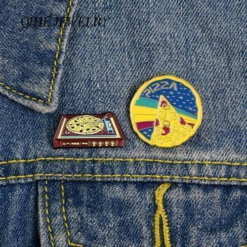 Pizza Pin Record player Vinyl Record Enamel Pins Space Lover Pizza Lover Brooches Badges Denim Clothes Bag Pins Gift for Friends