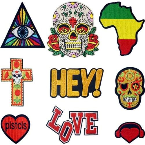 HEY Africa Skeleton Embroidered Iron on Patches for Clothing DIY Stripes Clothes Patchwork Sticker Custom Applique