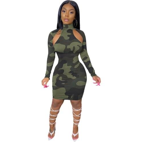 HAOOHU Full Sleeve Hollow Out Camouflage Knee-length Dress for Women Sheath Elastic Turtleneck Sexy Club Bar Party Dresses Fall