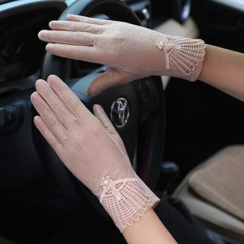 Summer Women Sunscreen Touch Screen Anti-UV Ice Silk Gloves Thin Breathable Non-slip Short Female Elegant Jacquard Drive Gloves