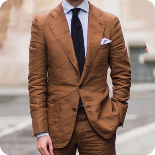 Brown/Green/Pink Linen Men Suits with Pants Slim Fit Groom Tuxedos Latest Coat Pant Designs Male Blazer Jacket 2 Piece Ternos