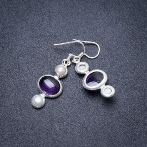 Natural Amethyst and River Pearl Handmade Unique 925 Sterling Silver Earrings 1 3/4" Y2324