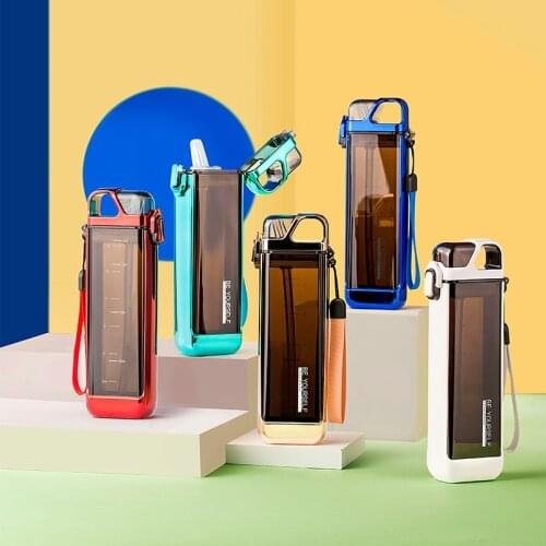 New Portable Sport Water Cup with Straw Water Bottle Unisex Square Flat Water Cup Gym Cup Tritan Plastic Heat Drop Resistant