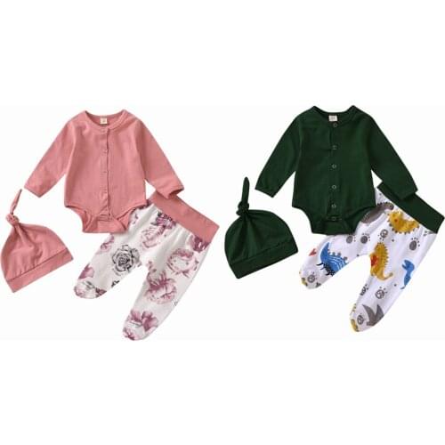 Toddler baby girl solid color long-sleeved buttoned dress + dinosaur print bag foot pants + hat 3pcs suit