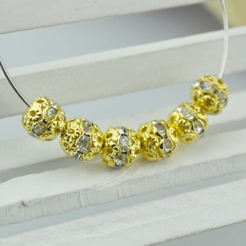 Wholesale 100pcs/lot Metal Beads 8mm Craft Bracelet DIY Beads Crystal Clear Rhinestone Beads Gold Color Spacer Charm Beads
