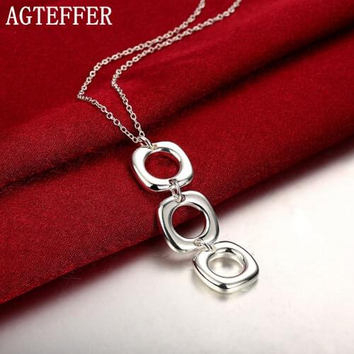 AGTEFFER 925 Sterling Silver 18 Inch Three Geometric Square Pendant Necklace For Women Man Fashion Wedding Party Charm Jewelry