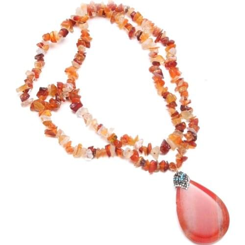 Natural Stone Necklace Waterdrop Shape Red Agate Stone Pendant Long Chip Stone Chain Charms For Women Jewelry