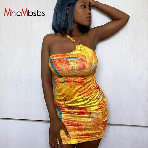 Sexy One Shoulder Printed Cut-Out Mini Dress Elegant Ruched Bodycon Dresses 2021 Summer Night Club Party Outfits Y2K Clothing