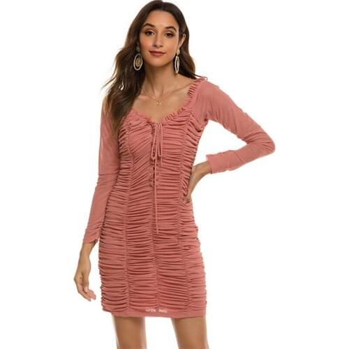 Sheath Sexy V-neck Pleated Dress Hollow Out Adjustable Chest Straps Slim Mesh Patchwork Short Mini Dresses Full Sleeve Autumn