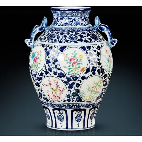 Hand Painted Blue And White vase Twelve Flower God Binaural Ceramic Vase Living Room Decoration Jingdezhen Imitation Ming vase