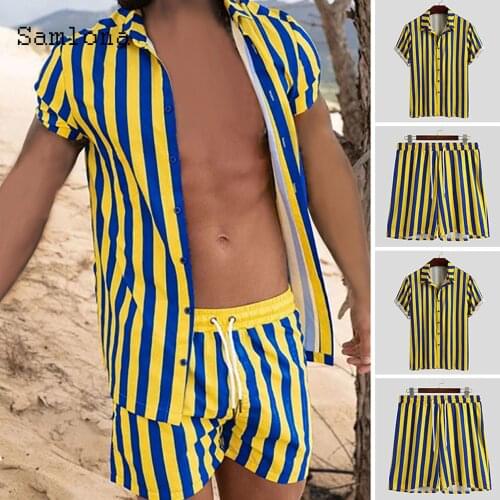 Samlona Plus Size Men Tracksuit set ropa hombre men shirts sets open stitch stripes two piece outfits 2021 summer beachwear man