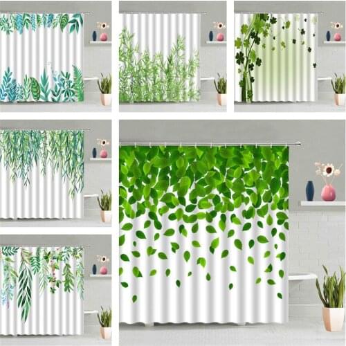 Green Tree Leaf Shower Curtain Tropic Plant Twig Leaves Waterproof Hanging Curtains Fallen Leaves Printed Bathroom Screen Decor