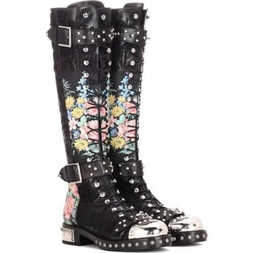 Womens Punk Real Leather Rivet Studed Lace Up Knee High Thigh Boots Floral Printed Gothic Combat Military Shoes Punk Plus Size
