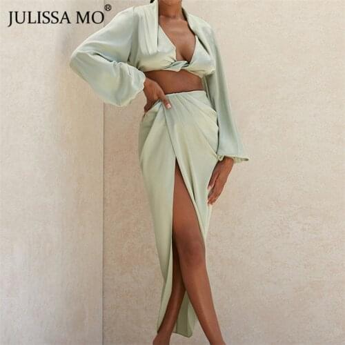 JULISSA MO 2 Piece Set Outfits Autumn Long Sleeve V-Neck Tops Split Long Skirts Sets Elegant Pink Satin Night Party Suits 2020