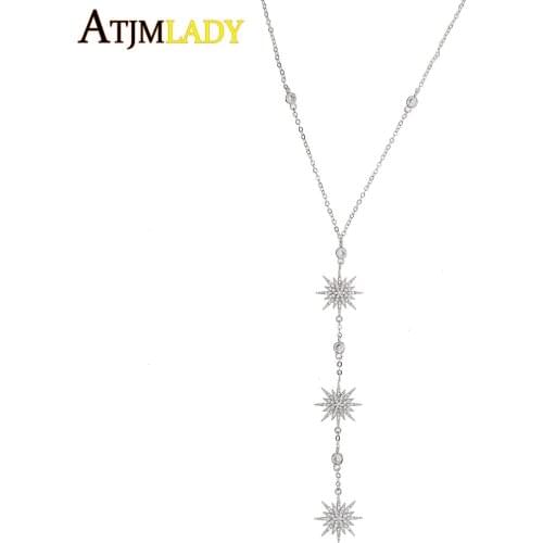 2020 New High Quality AAA Clear Cubic Zirconia Sun Burst Star Link Chain Charm Choker Fashion Long Pendant Necklace For Women
