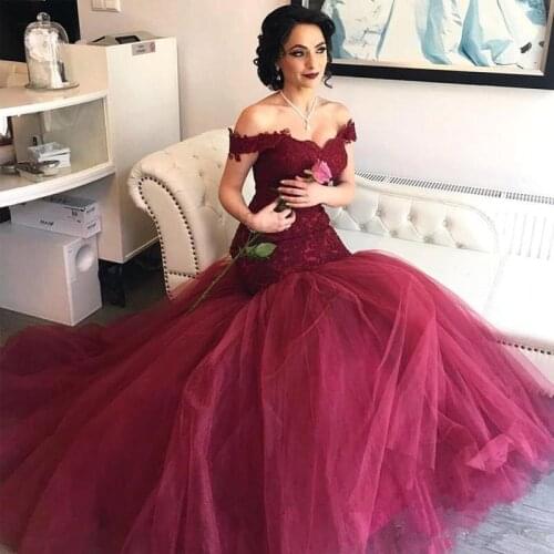Burgundy Long Mermaid Prom Dresses 2019 Saudi Arabic Lace Prom Gowns Sexy Formal Dress Vestidos Longo