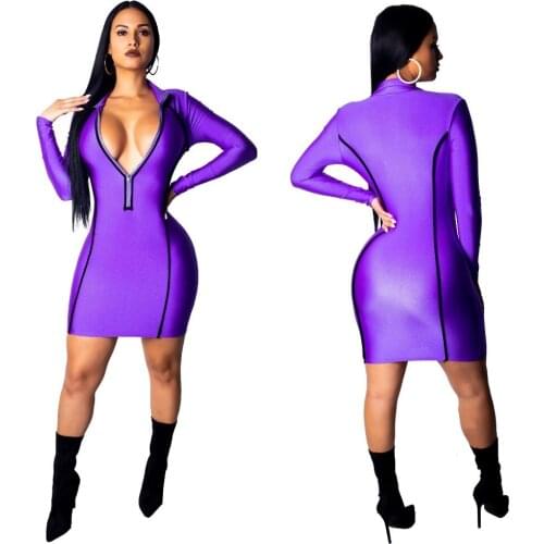 Long sleeve Autumn Dress Women Deep V-neck Sexy Zippers Dresses Office Lady clothes