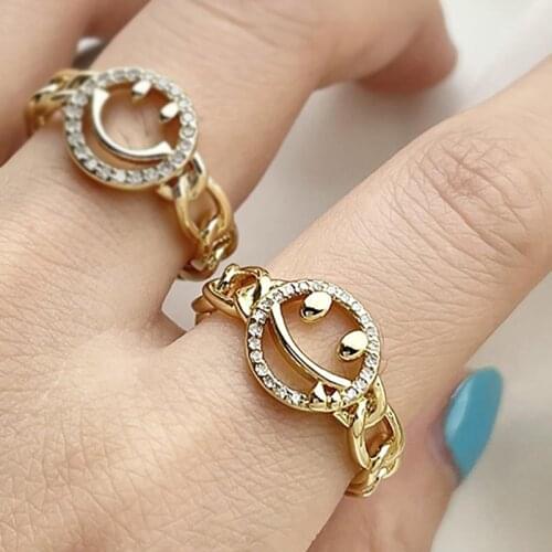 ZHINI Charm Cute Smiley Face Opening Adjustable Statement Rings for Women Boho Retro Gold Color Finger Ring Wedding Jewelry Gift