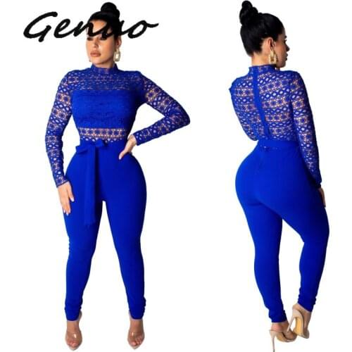 Genuo 2019 New Women Lace See Though Patchwork High Waist Sashes Jumpsuit Long Sleeve Pencil Romper Sexy Party Playsuit Outfit
