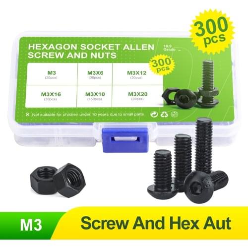 300Pcs M3 high quality 10.9 Grade Alloy Steel Button Head Socket Cap Bolts Screws with Nuts Assortment Kit Black Oxide Finish