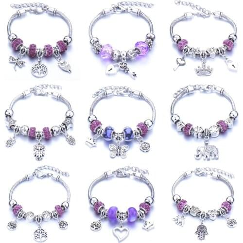 The latest purple series resin bead bracelet in 2021 zinc alloy large hole bead bracelet adjustable love bracelet Pandora-style