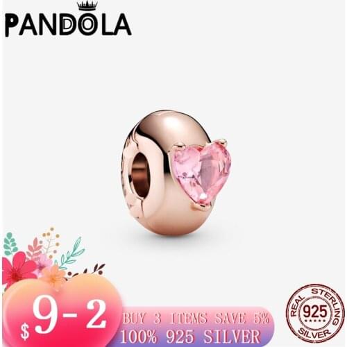 Hot 100% 925 Sterling SILVER charms Pink Heart Solitaire Clip Charm fit Original Pandora Bracelet silver 925 jewelry