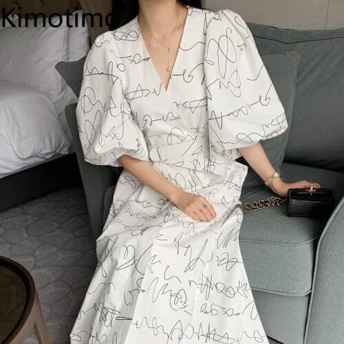Kimotimo Design Graffiti Dress Women Korean Chic Elegant Cross V-neck Thin High Waist Lantern Sleeve Long Large Swing Dresses