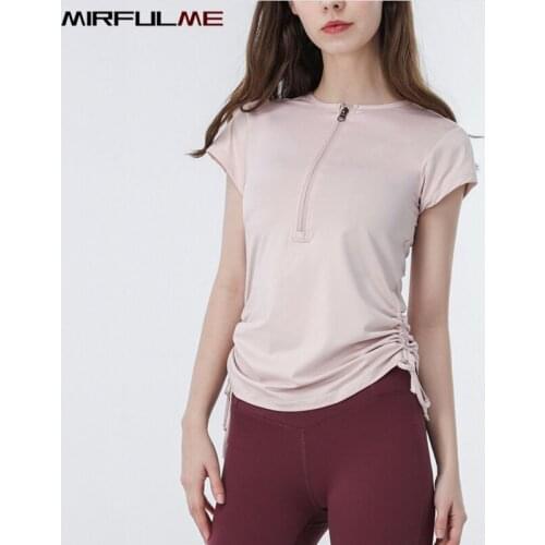 Summer Women Sport Tops Zipper Collar Yoga Shirt Bandage Fitness Running Short Sleeves T-shirt Girls Slim Gym Workout Tee Blouse