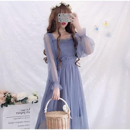 Sweet Womens 2 Pcs Set: Solid Yarn Mid-Calf Dress + Suspender Dress Elegant Fit Dress 2019 Women Fashion One Piece Fairy Kei