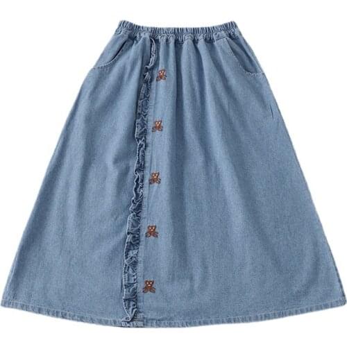 Casual Elastic High Waist Women Denim Skirt Mid-calf A-line Skirts For Teenage Girls Ruffles Cute Bears Embroidery Preppy Style