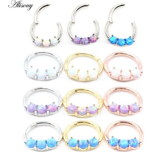 Alisouy 1pc Stainless Steel Opal Ear Hoop Tragus Helix Cartilage Earring Septum Ring Clicker Nose Ring Body Piercing Jewelry