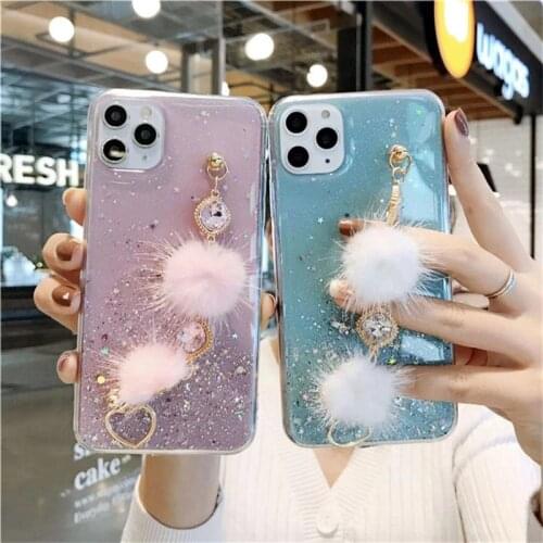 3D Glitter Diamond hair ball bracelet Transparent soft Phone Case For iPhone 11 Pro XS Max XR X 7 plus 8 6 for samsung S8 S9 S10