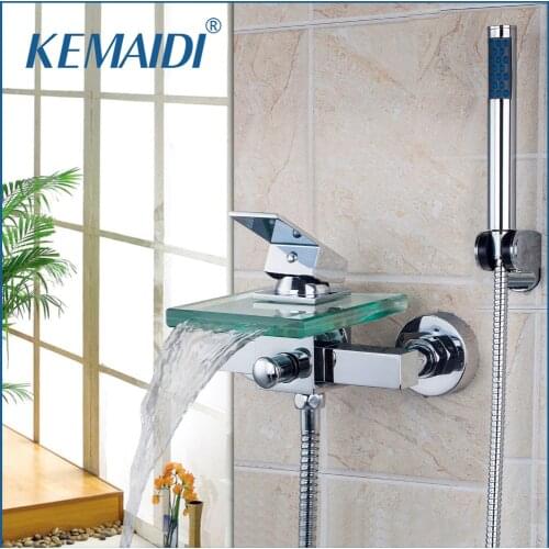KEMAIDI Bath & Shower Faucets Square Wall Mounted Waterfall Glass Spout Bathroom Bath Handheld Shower Tap Mixer Bathtub Faucet