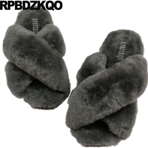 Bedroom footwear big size home house plus slides slippers indoor designer shoes women luxury 2018 real fur wool sheepskin furry