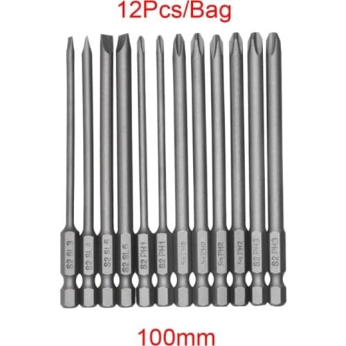 12pcs/set Alloy Steel S2 Slotted Phillips Manual Screwdriver Drill Bits Strong magnetic Head 100mm Extra Long Hand Tools