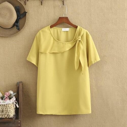Plus Size T Shirts Summer Tops Oversized O-Neck Asymmetrical Bow Tie Looser Short Sleeves Shirtlarge Size For Fatwomen In Summer