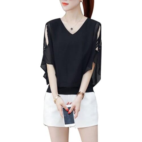 Womens Spring Summer Style Chiffon Blouses Shirt Womens V-neck Half Sleeve Off Shoulder Solid Color Elegant Casual Tops DD8610