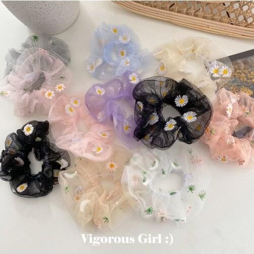 Sweet Embroidery Flowers Mesh Scrunchies Women Romantic Pink Blue Hair Rope Transparent Tulle Chiffon Hair Ties Hair Accessories